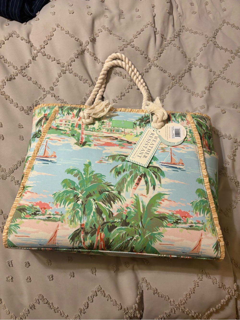 Spartina 449 Coastal Palm Print Rope-Handle Tote in Light Blue and Green